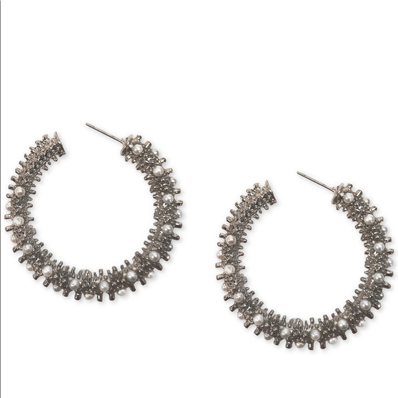 INC silver tone imitation pearl hoop earring 1.75” - Picture 1 of 2